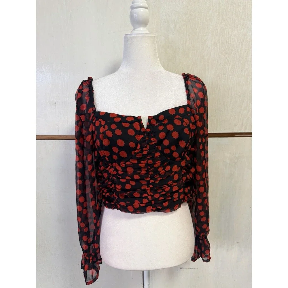 Free People Blouse Womens M Black Red Polka Dot Cropped Balloon Sleeve Top